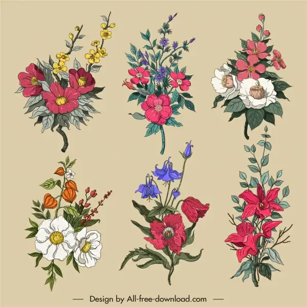 decorative flowers icons colorful classic design