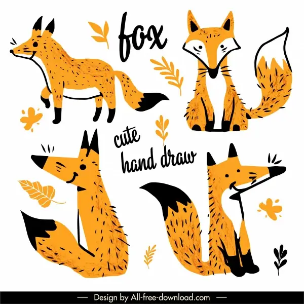 decorative fox icons cute classic handdrawn outline
