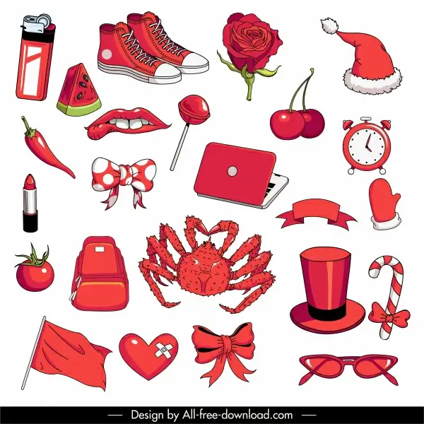 decorative icons red objects animal symbols sketch