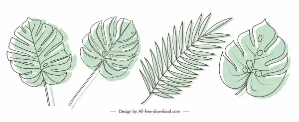 decorative leaf icons retro handdrawn sketch