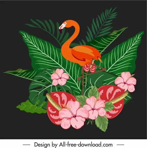 decorative nature element classic elegant flowers flamingo sketch