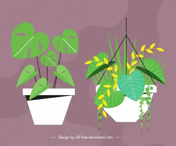 decorative plant pots icons colored classical design