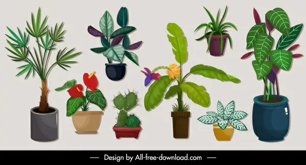 decorative plants icons tree pots sketch colorful classic