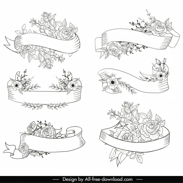 decorative ribbon templates black white floral handdrawn sketch