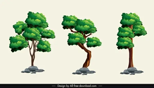 decorative trees icons colored classic sketch