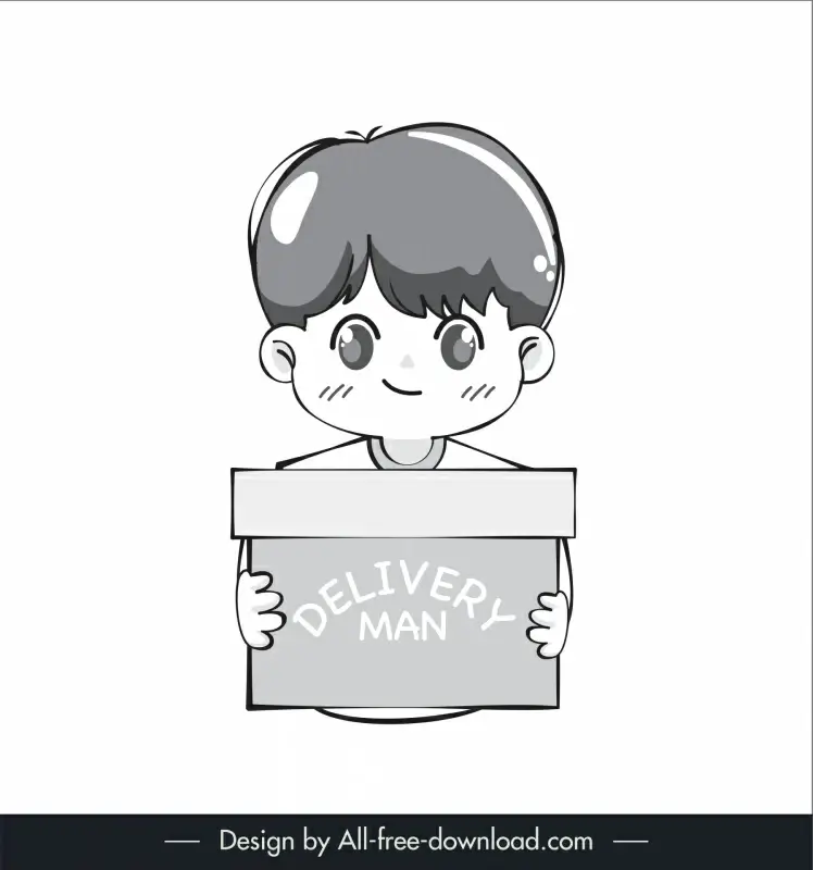 delivery man chibi character lineart icon cute black white handdrawn cartoon outline 