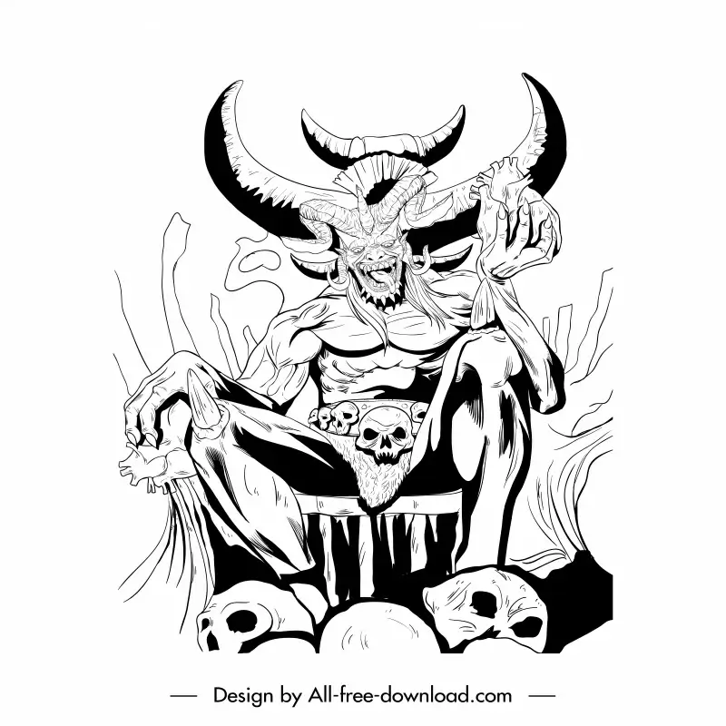 demon king icon frightening cartoon character sketch black white handdrawn