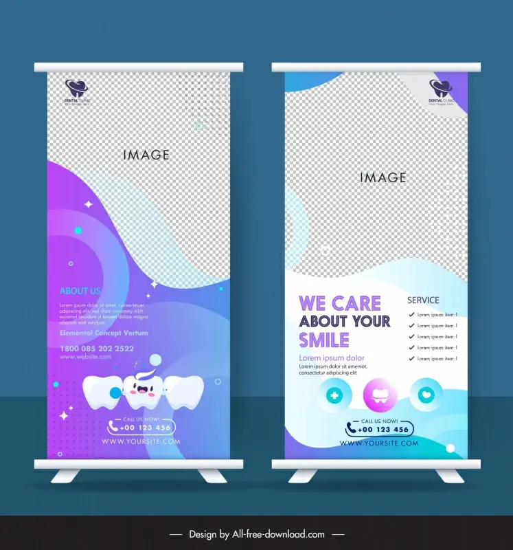 dental care roll up banner template cute stylized teeth curves checkered, front