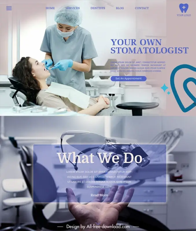 dental clinic website template dynamic dentist tool object sketch realistic design 