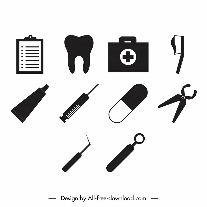 dental icon sets flat black white classical symbols sketch