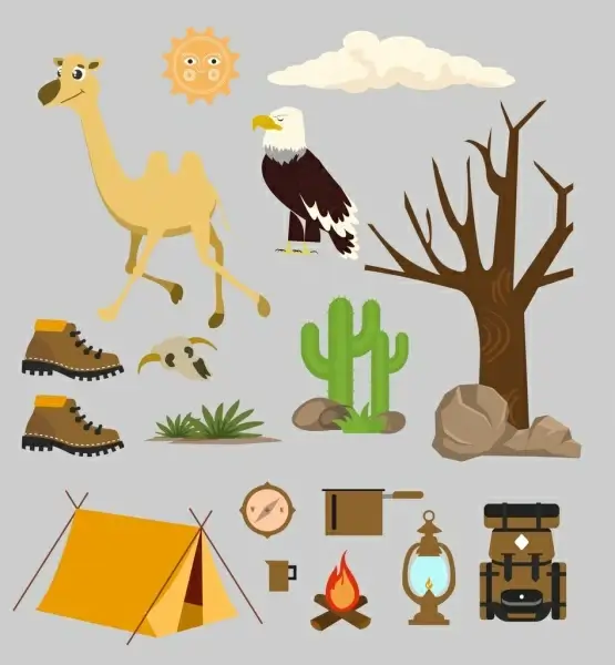 desert design elements natural icons camping accessories objects