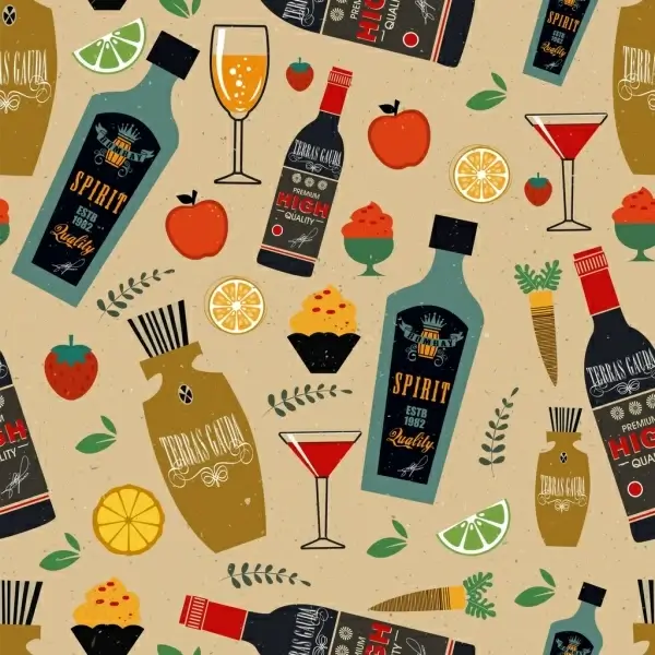 desert pattern wine bottles wineglasses fruit cream icons