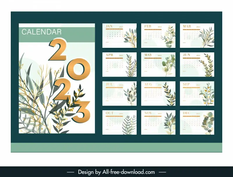 desk calendar 2023 template elegant flowers leaves decor