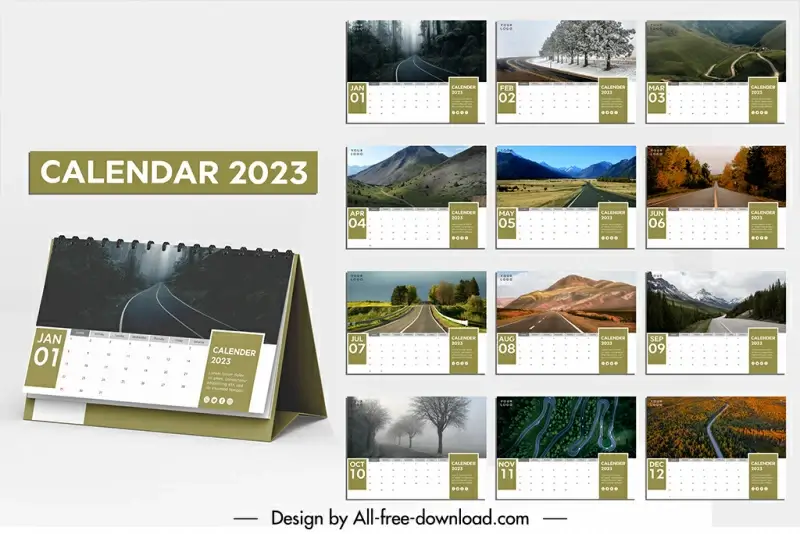 desk calendar 2023 templates majestic natural road scenes sketch modern realistic design 