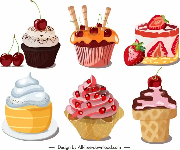 desserts icons colorful decorated cupcakes sketch