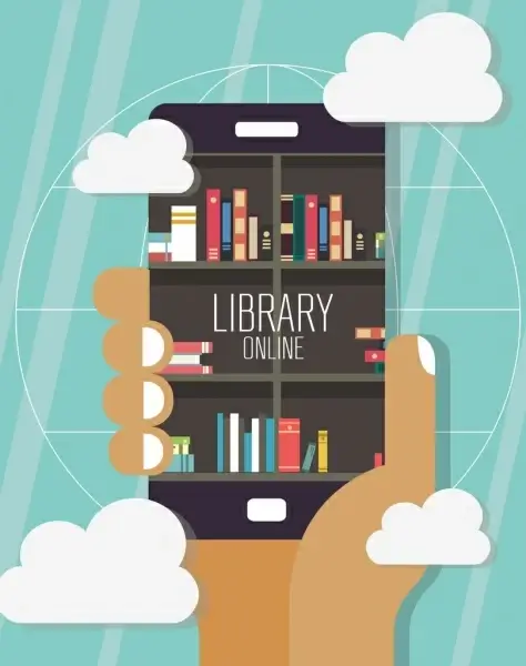 digital library background smartphone bookshelf hand clouds icons
