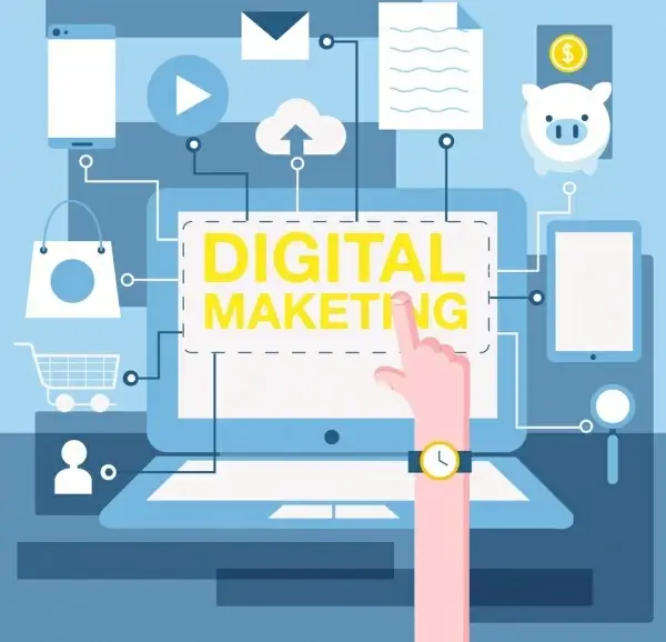 digital marketing background laptop screen business elements decor