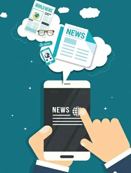 digital media concept background smartphone hands newspaper icons
