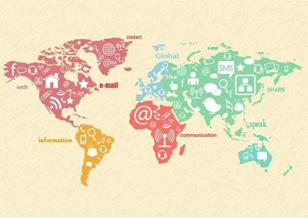 digital social communication with interfaces on map illustration