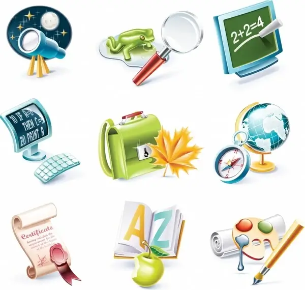 education icons colorful modern 3d design