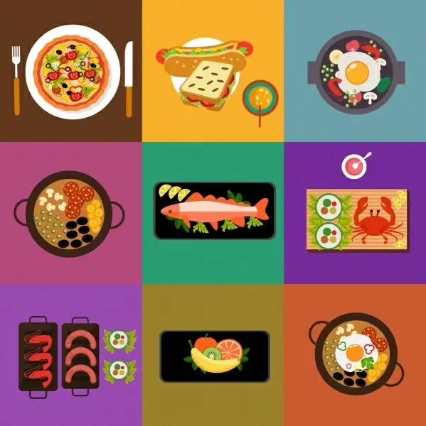 dinner cuisines icons various colored flat design
