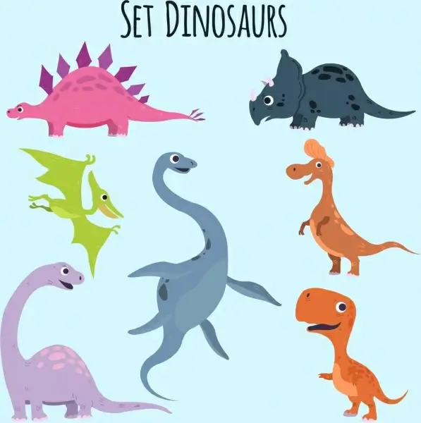 dinosaur icons collection cute colored cartoon design 