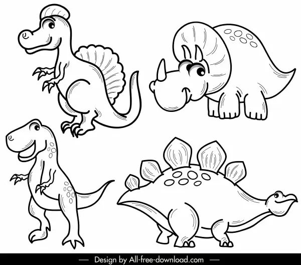 dinosaur icons cute cartoon sketch black white handdrawn