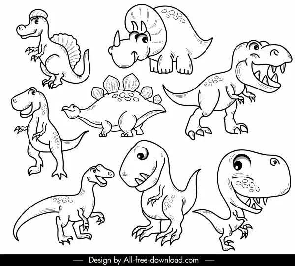 dinosaurs species icons black white handdrawn cartoon sketch