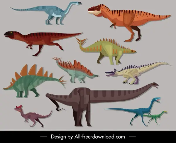 dinosaurs species icons colored cartoon sketch