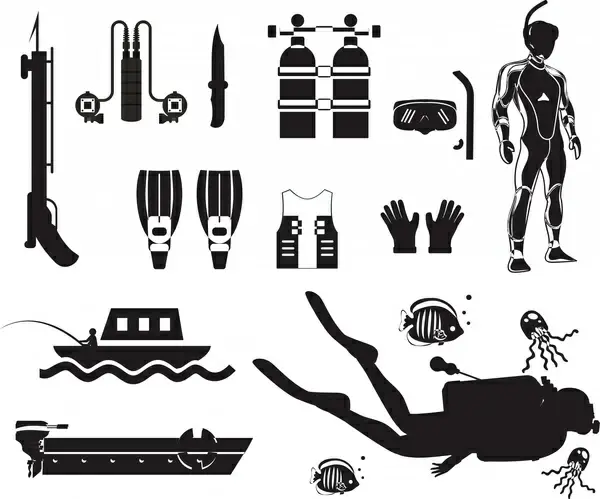 diving icons sets with silhouettes design