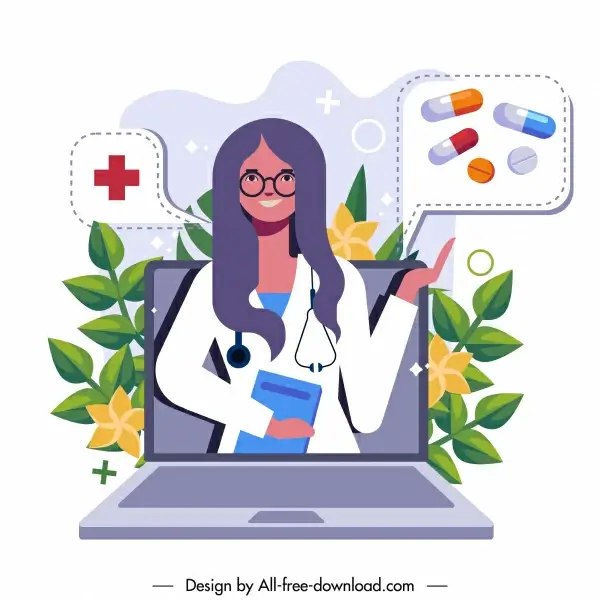 doctor job background laptop woman drugs sketch