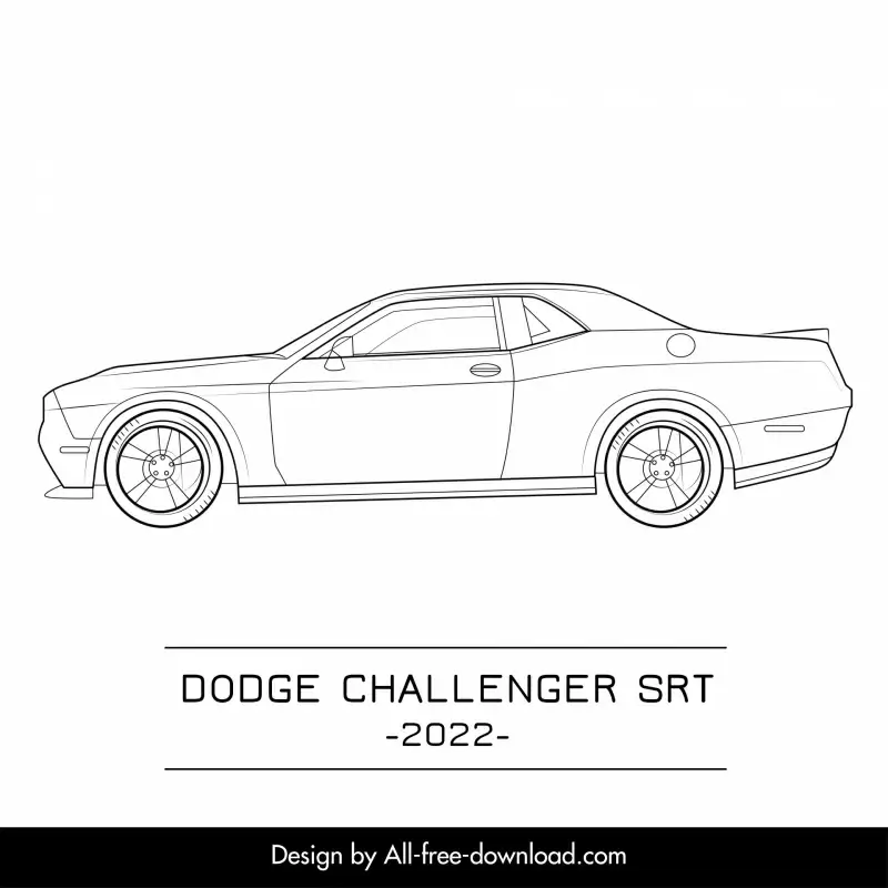 dodge challenger srt 2022 car advertising template flat black white handdrawn side view outline