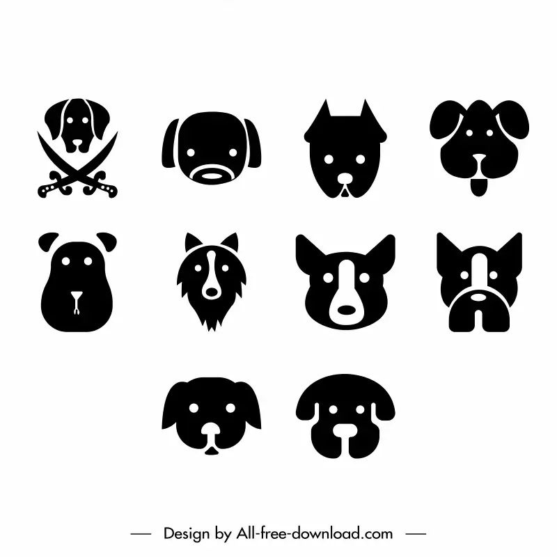 dog icon sets flat black white faces outline 