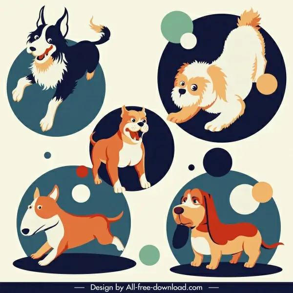 dogs species icons cute cartoon characters sketch