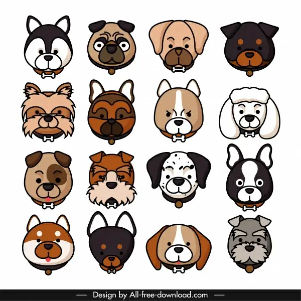 dogs species icons faces sketch cute design