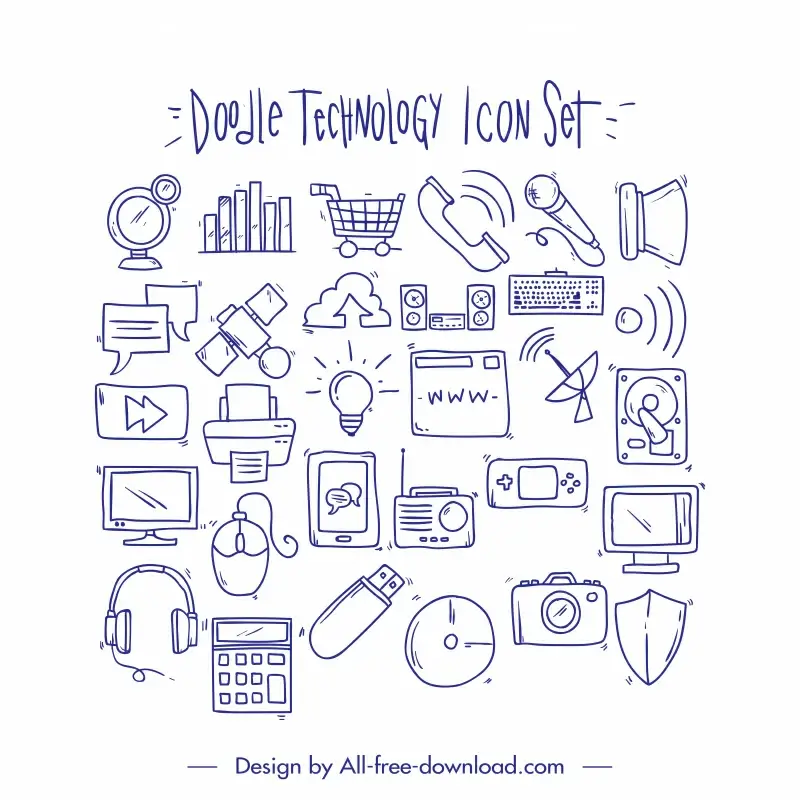 doodle technology icon sets flat handdrawn classic symbols outline 