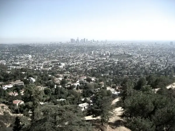 downtown in the distance of hazy suburbs