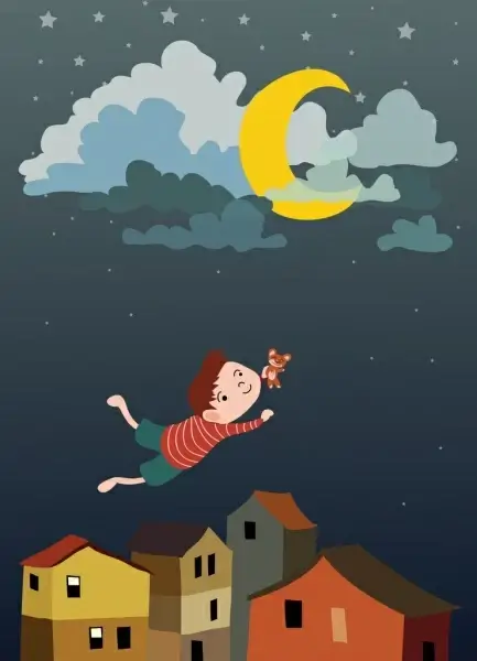 dream background flying kid icon colored cartoon design
