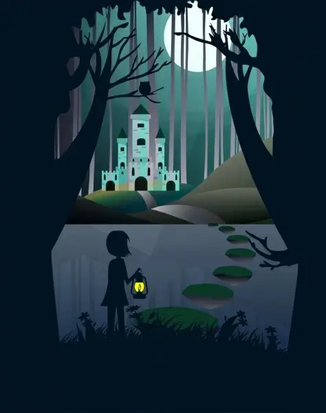 dream background silhouette style little girl moonlight icon 