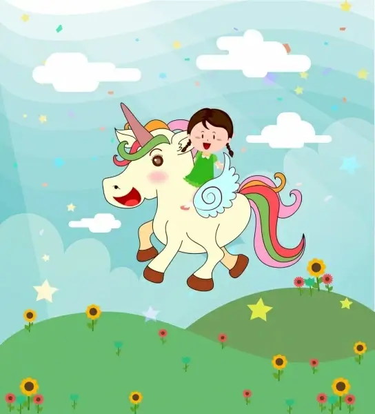 dream background tiny girl unicorn icons cartoon design