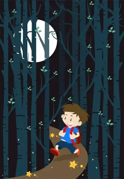 dreaming background boy walking forest moonlight decoration