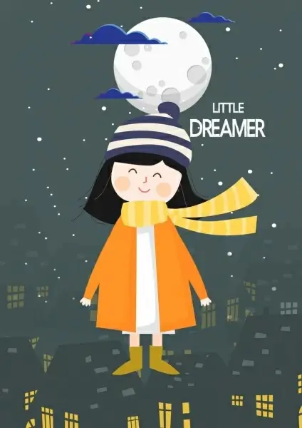 dreaming background little girl warm coat moonlight icons