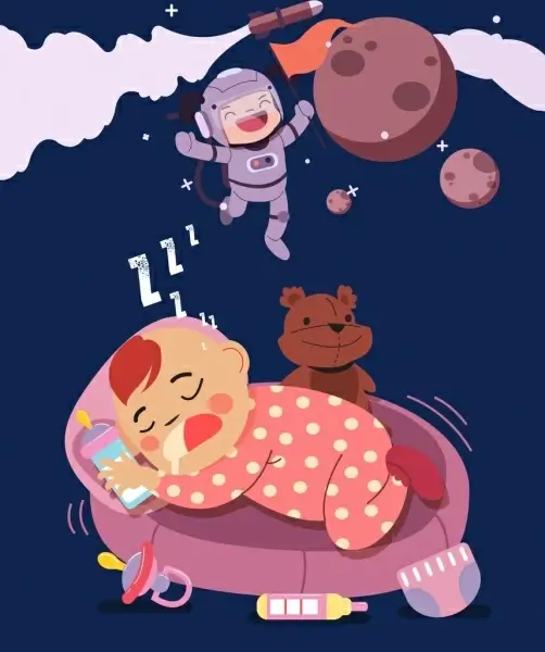 dreaming background sleeping child astronaut icons cartoon design