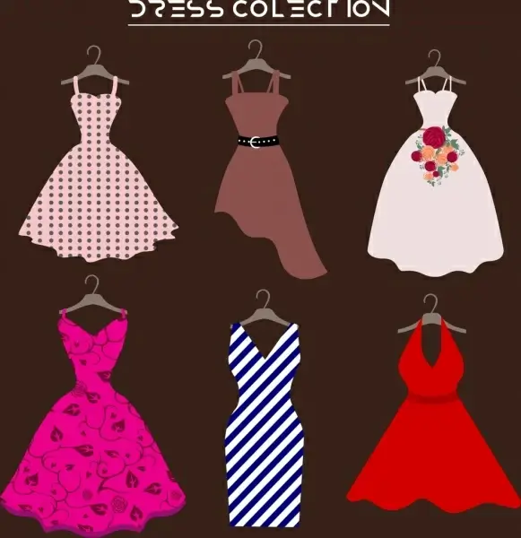 dress design collection various colored flat isolation