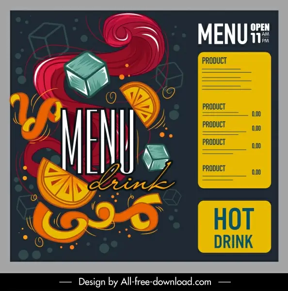 drink menu template dark colorful dynamic handdrawn design