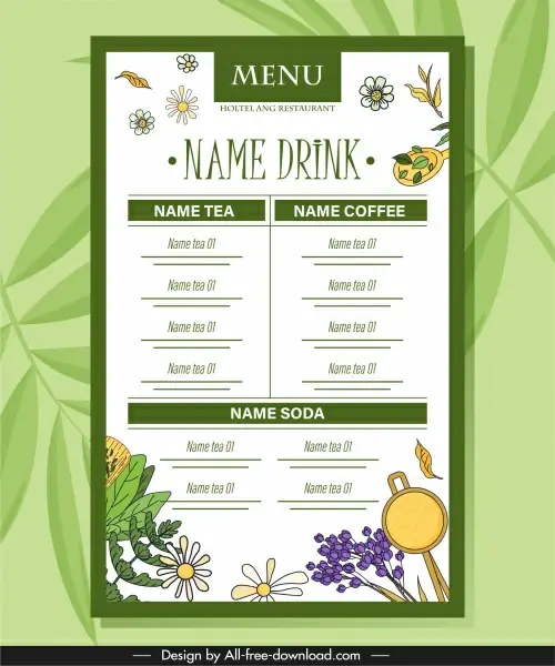 drink menu template floral herbs sketch flat handdrawn