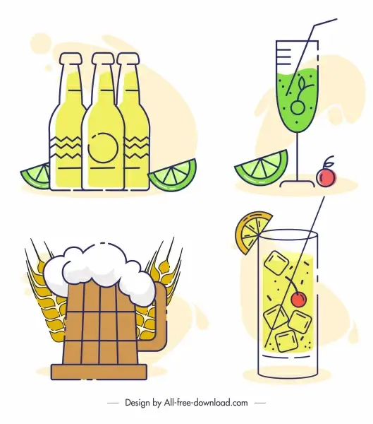 drinks icons beer wine cocktail sketch flat classic