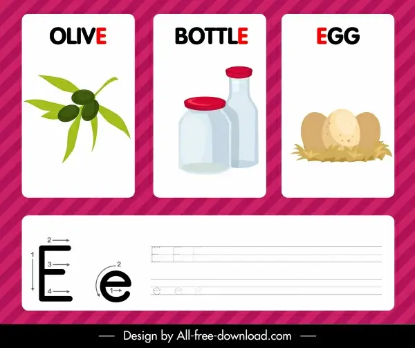 e alphabet studying banner olive bottle egg sketch
