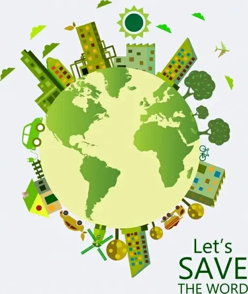 earth day poster green planet buildings trees icons