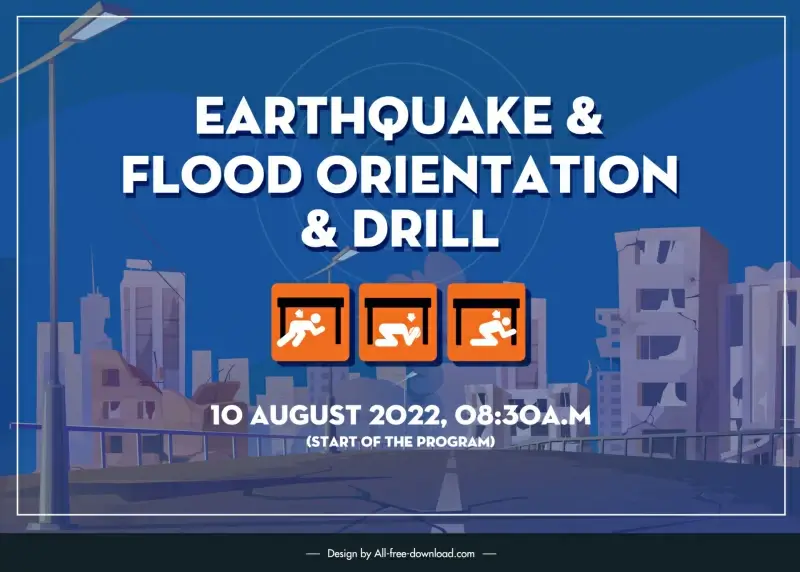 earthquake and flood orientation and drill banner template flat blurred design damaged building sketch